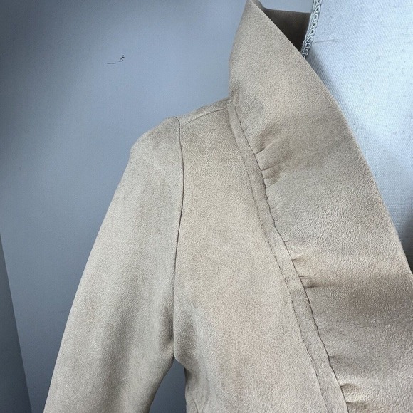 Gretchen Scott Beige Tan Ruffle V Neck Faux Suede Sheath Dress Size XS - Picture 3 of 10